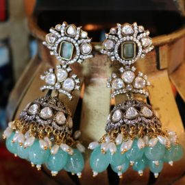 Aqua Kundan Drop Jhumkas