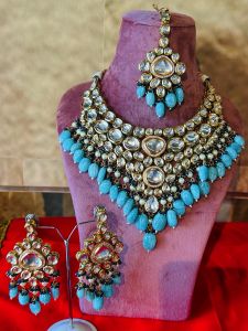 Blue Stones and Kundan Neckpiece with Long Earrings 