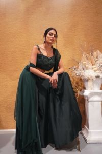 Bottle Green Umbrella Palazzo Indowestern Set with Cape