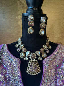Long Polki and Kundan Neckpiece with Earrings