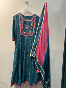 Teal Blue and Pink Embroidery Anarkali