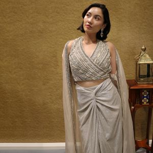 Beige Embellished Cape Set With Sequin Blouse And Knot Skirt