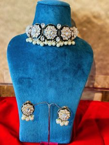 Black Choker Neckpiece with Pearl Work and Earrings