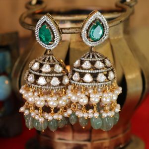 Emerald Kundan Pearl Jhumkas