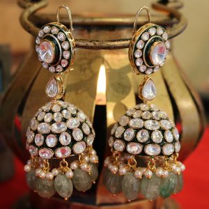 Green Gemstone Kundan Jhumkas