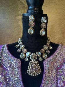 Long Polki and Kundan Neckpiece with Earrings