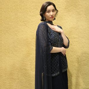 Navy Blue Cutdana Sequin Embellished Mesh Peplum Blouse with Flared Palazzo Pants