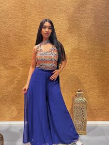 Navy Blue Patterned Coin Work Indo Western with Choker Dupatta