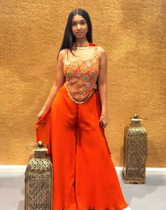 Orange Coin Work Indo Western with Choker Dupatta