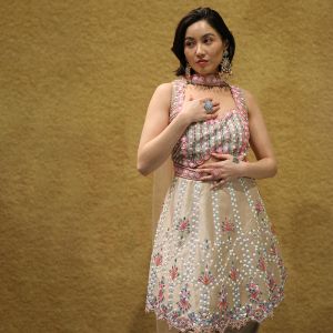 Pink and Blue Sequin Embellished Frock Style Pant Suit