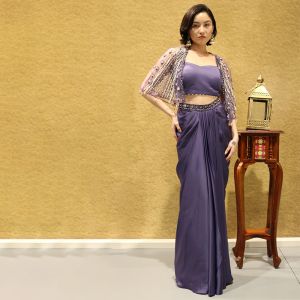 Purple Pearl Cape and Draped Skirt Set