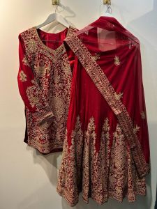 Red Thread Sequin Embellished Kurta with Skirt