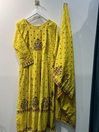 Yellow Schiffli work Anarkali