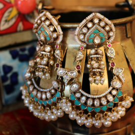 Turquoise & Pearl Chandbali Earrings